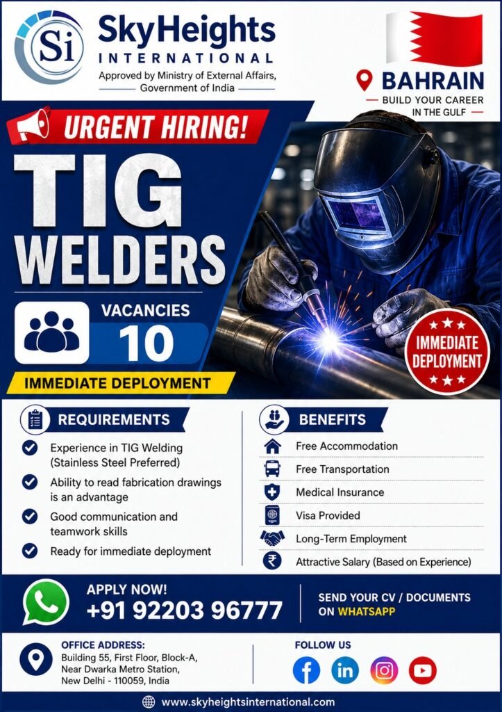 Bahrain TIG Welder Jobs 2026 | Free Accommodation | Immediate Deployment | Apply Now Bahrain TIG Welder Jobs 2026 | Free Accommodation | Immediate Deployment | Apply Now