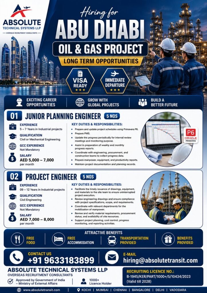Abu Dhabi Oil & Gas Jobs 2026 | Junior Planning Engineer & Project Engineer | Free Recruitment | Apply Now