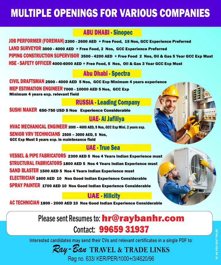 UAE, Abu Dhabi & Russia Jobs 2026 | Multiple Engineering, Fabrication, HVAC & Safety Vacancies