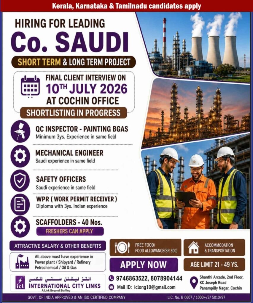 Saudi Arabia Oil & Gas Jobs 2026 – Mechanical Engineer, Safety Officer, QC Inspector & Scaffolder Vacancies | Apply Now