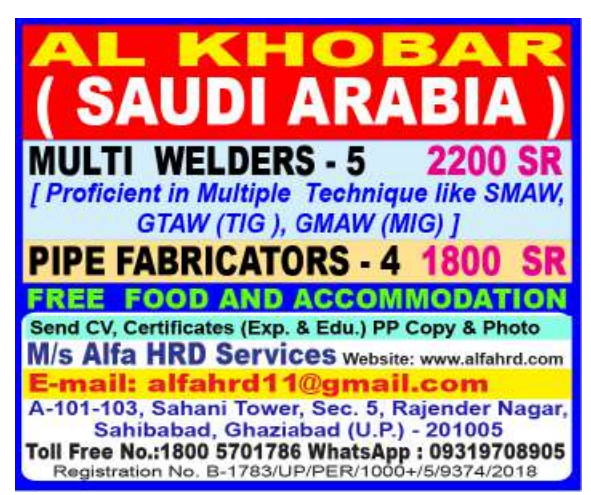 Saudi Arabia Welder & Pipe Fabricator Jobs 2026 – Al Khobar Hiring | Free Food & Accommodation