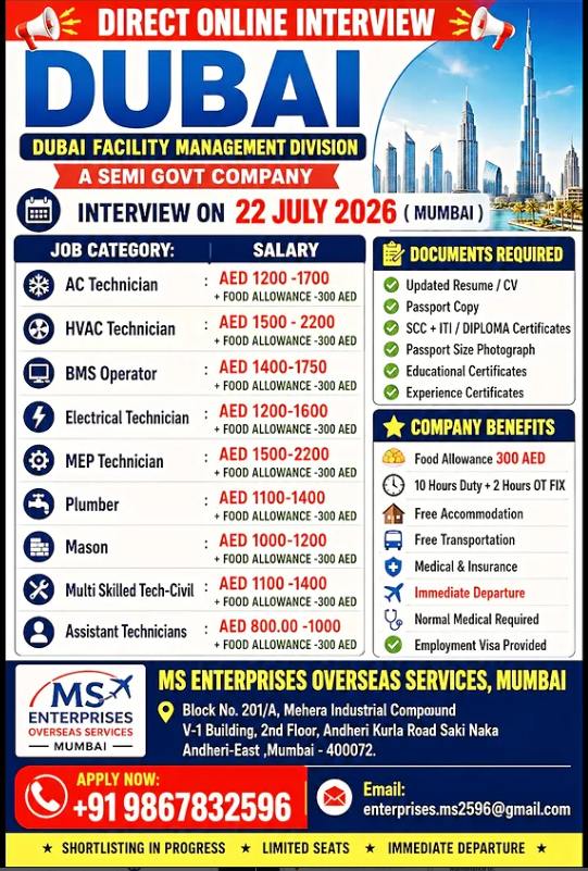 Dubai Facility Management Jobs 2026 | Direct Online Interview