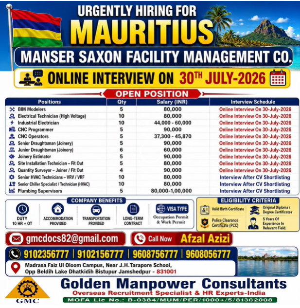 Mauritius Facility Management Jobs 2026 | Manser Saxon Facility Management Company Recruitment | Online Interview | Apply Now