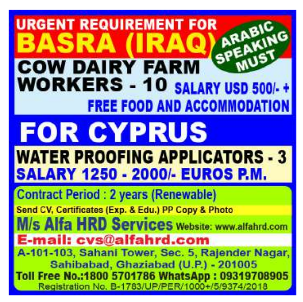 Iraq & Cyprus Jobs 2026 | Dairy Farm Workers and Waterproofing Applicators Iraq & Cyprus Jobs 2026 | Dairy Farm Workers and Waterproofing Applicators