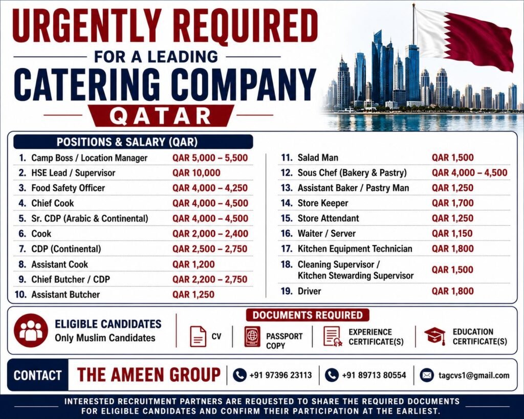 Qatar Catering Company Jobs 2026 | Latest Catering Vacancies in Qatar | Free Food & Accommodation Qatar Catering Company Jobs 2026 | Latest Catering Vacancies in Qatar | Free Food & Accommodation