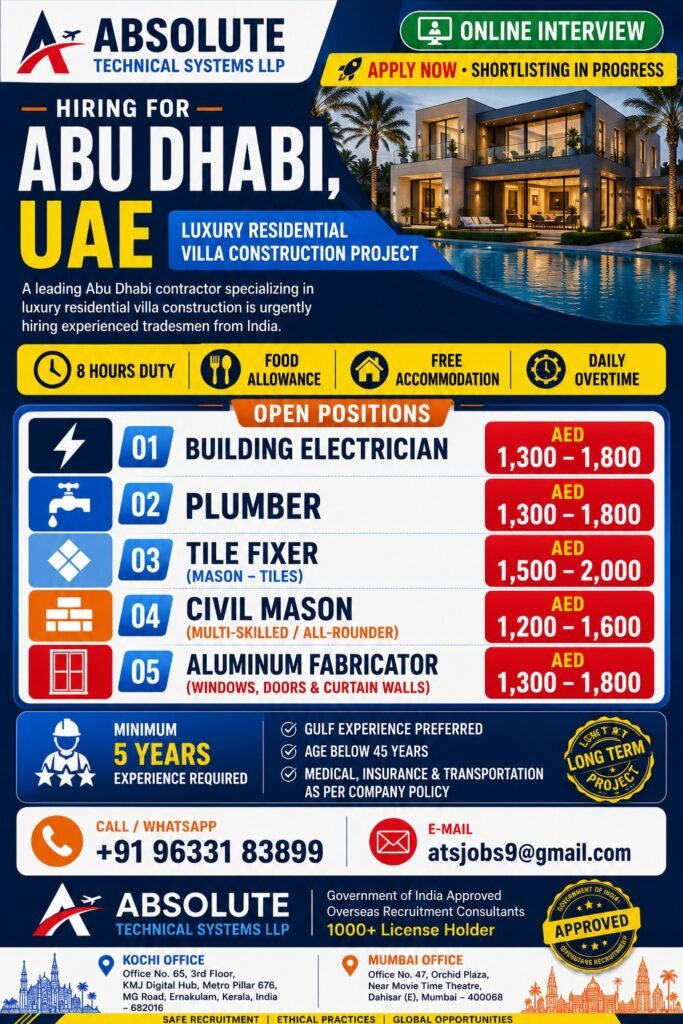 UAE Abu Dhabi Villa Construction Jobs 2026 | Online Interview