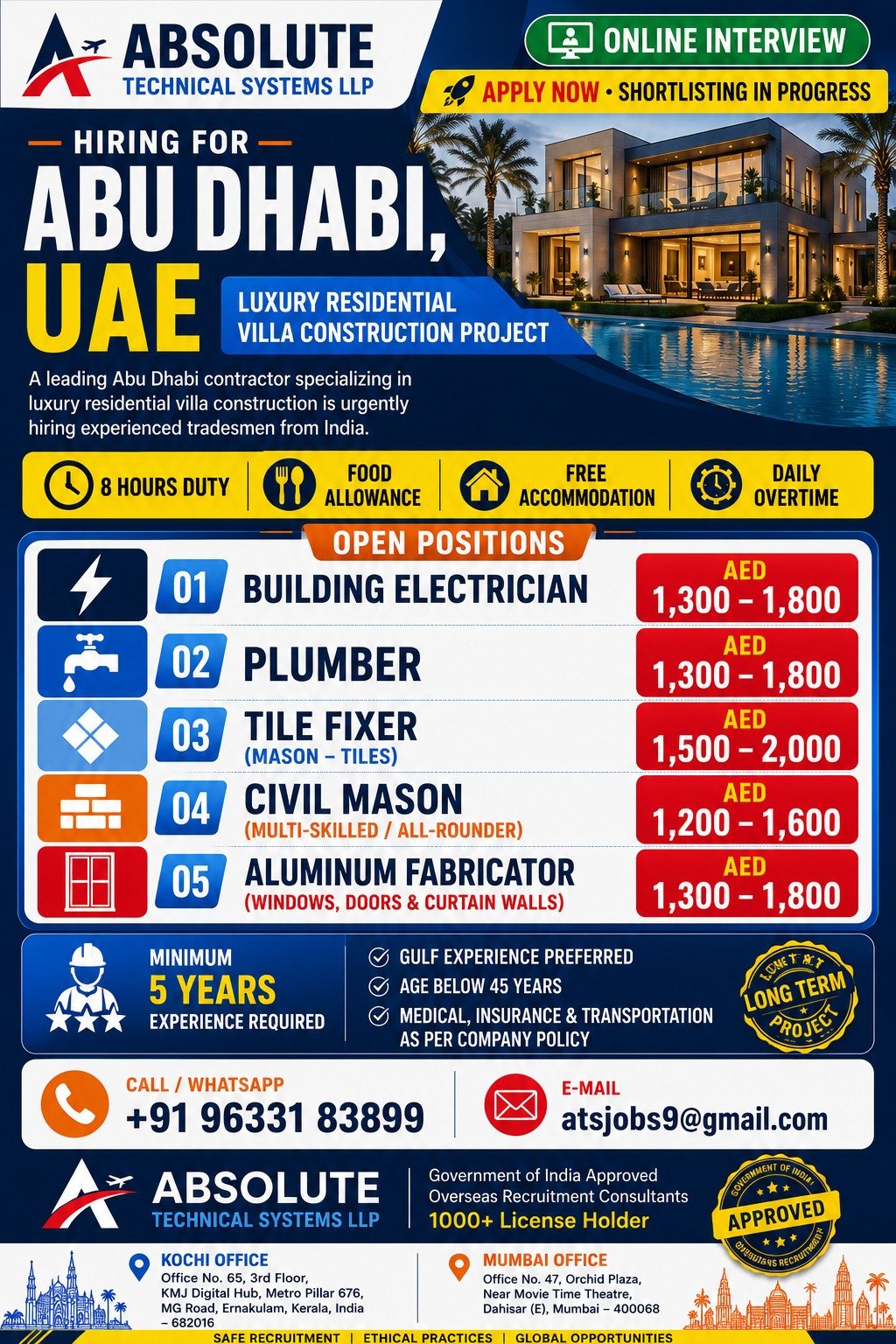 UAE Abu Dhabi Villa Construction Jobs 2026 | Online Interview