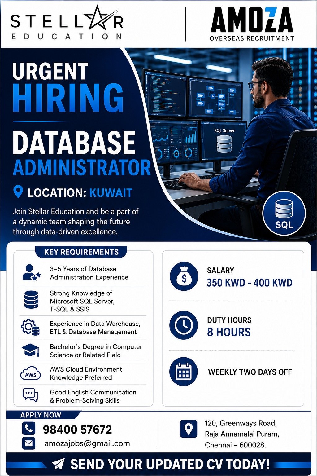 Kuwait Database Administrator Jobs 2026 | SQL Server DBA Vacancy | Salary 350–400 KWD