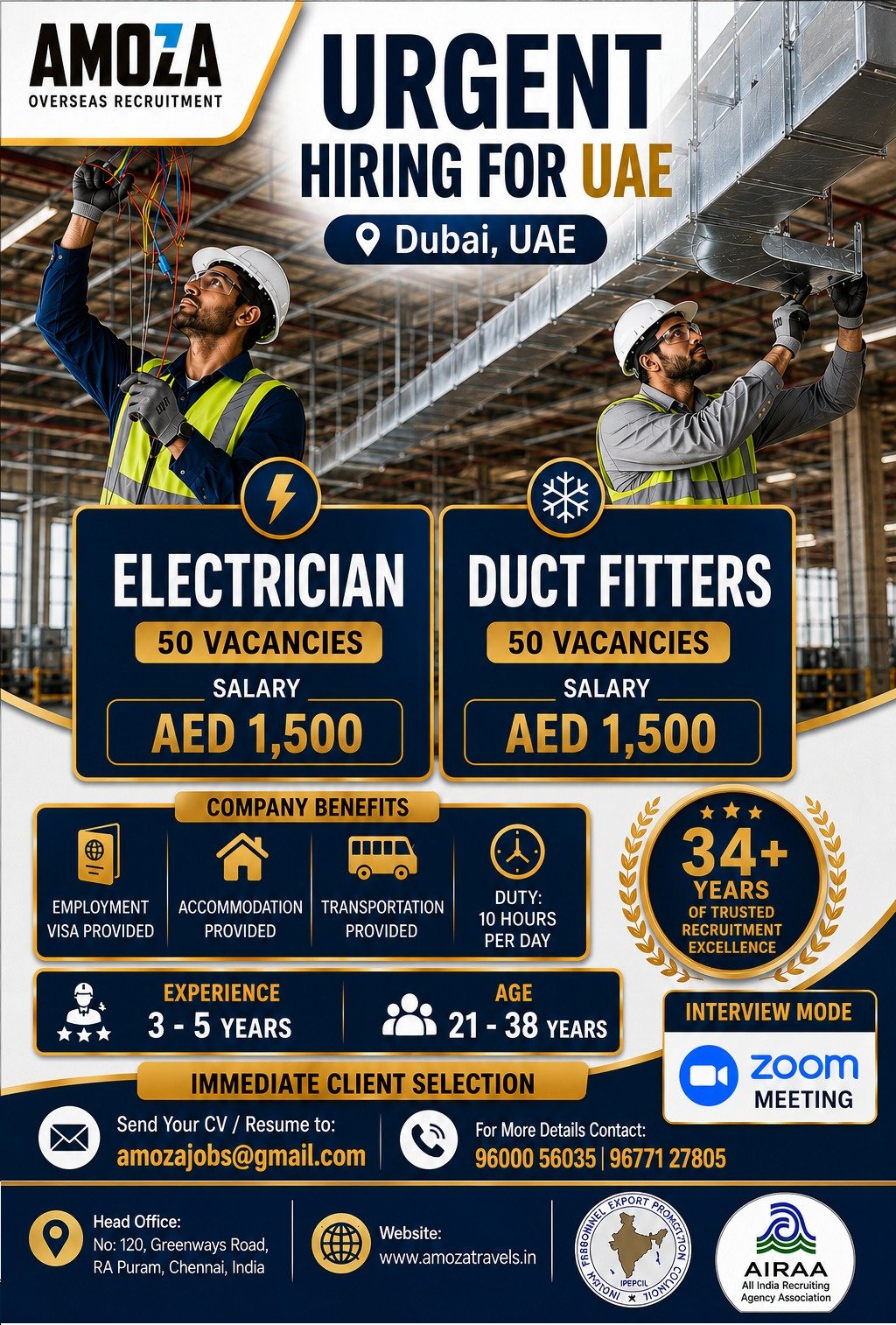 Dubai UAE Electrician & Duct Fitter Jobs 2026 | 100 Vacancies | Zoom Interview | Apply Now