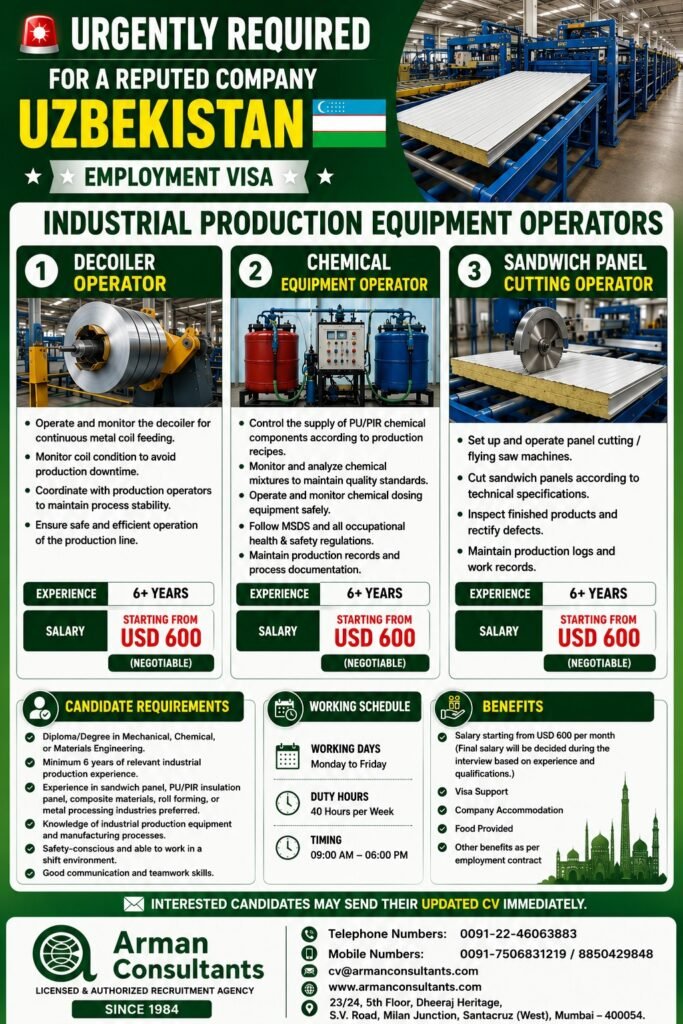 Uzbekistan Industrial Production Equipment Operator Jobs 2026 – Employment Visa | Free Accommodation & Food