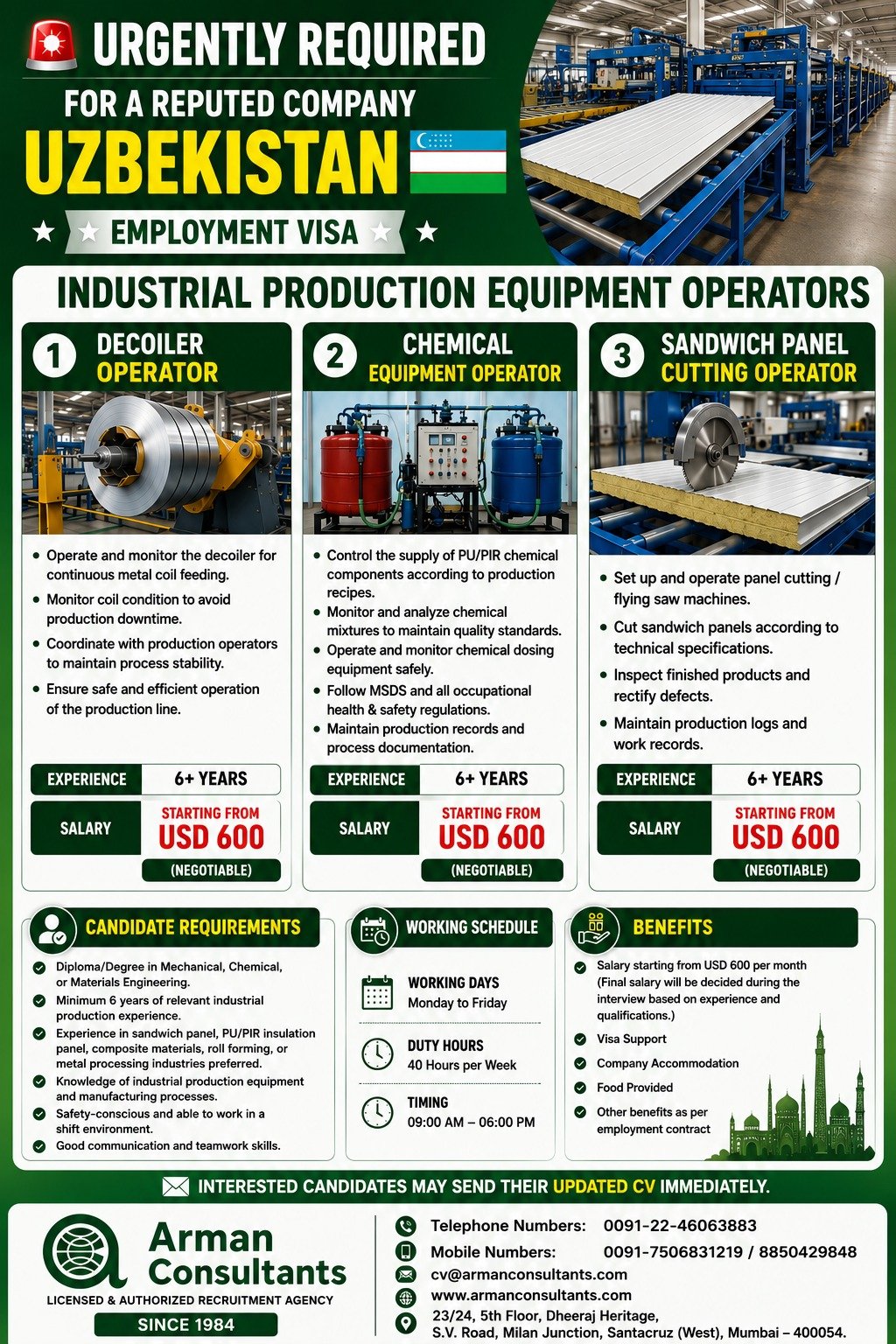 Uzbekistan Industrial Production Equipment Operator Jobs 2026 – Employment Visa | Free Accommodation & Food