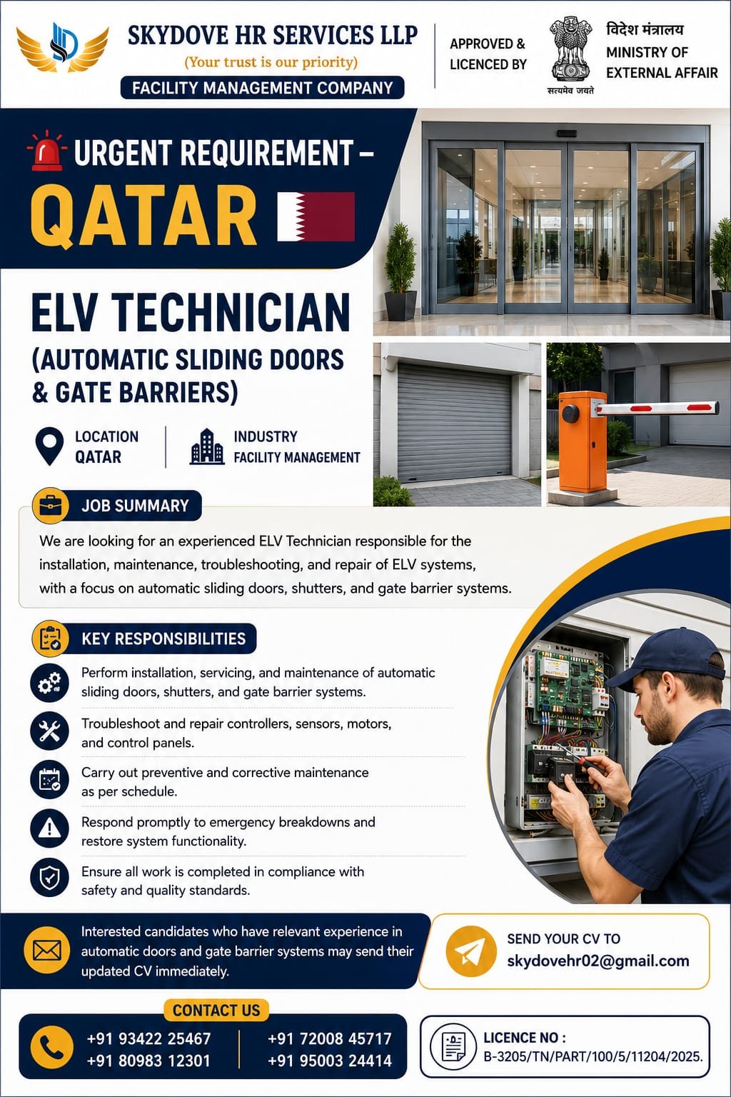 Qatar ELV Technician Jobs 2026 | Automatic Sliding Doors & Gate Barriers | Facility Management Company