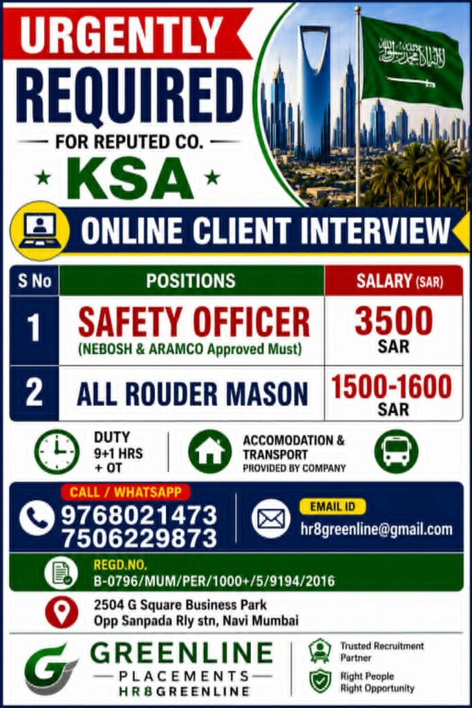 Saudi Arabia Jobs 2026 | Safety Officer & All Rounder Mason Vacancies | Online Client Interview