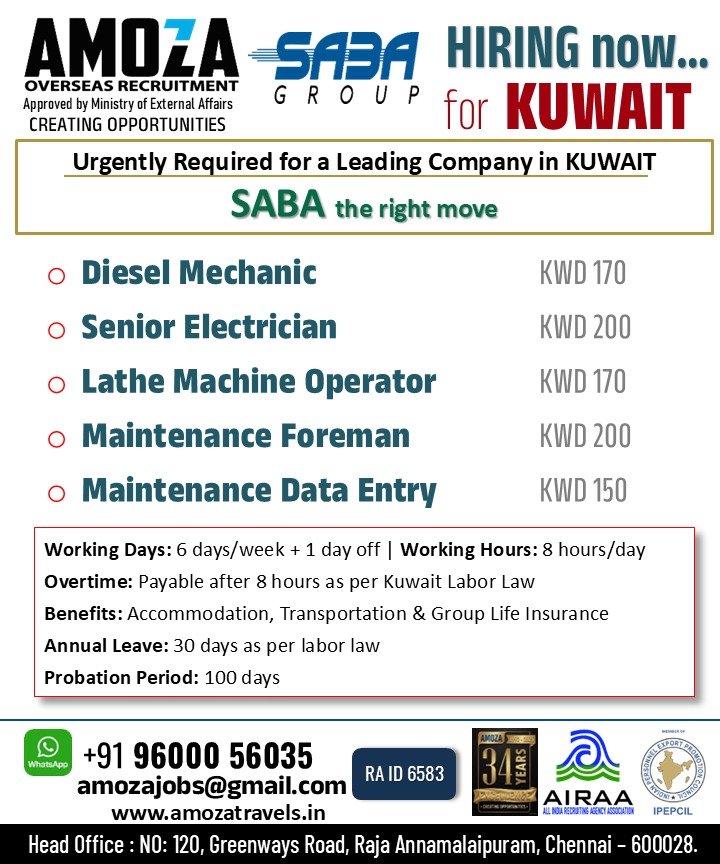 Kuwait SABA Group Jobs 2026 | Free Recruitment 