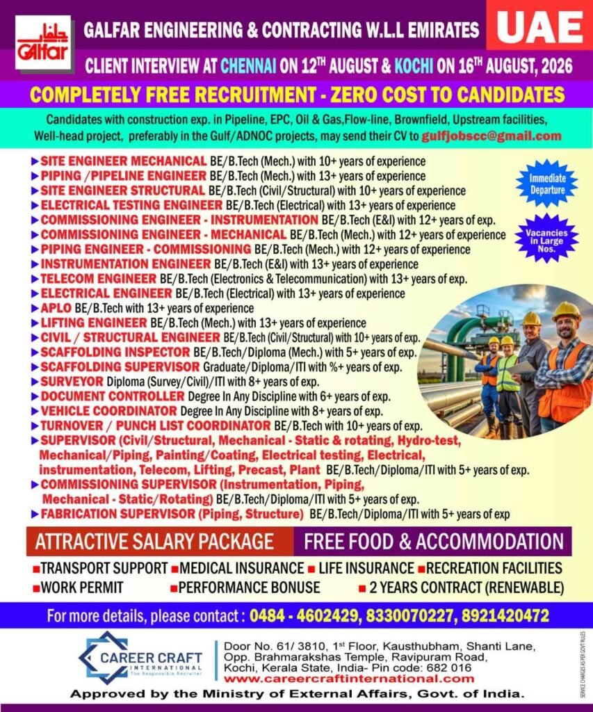 UAE Oil & Gas Engineering Jobs 2026 | Galfar Engineering W.L.L Emirates | Free Recruitment