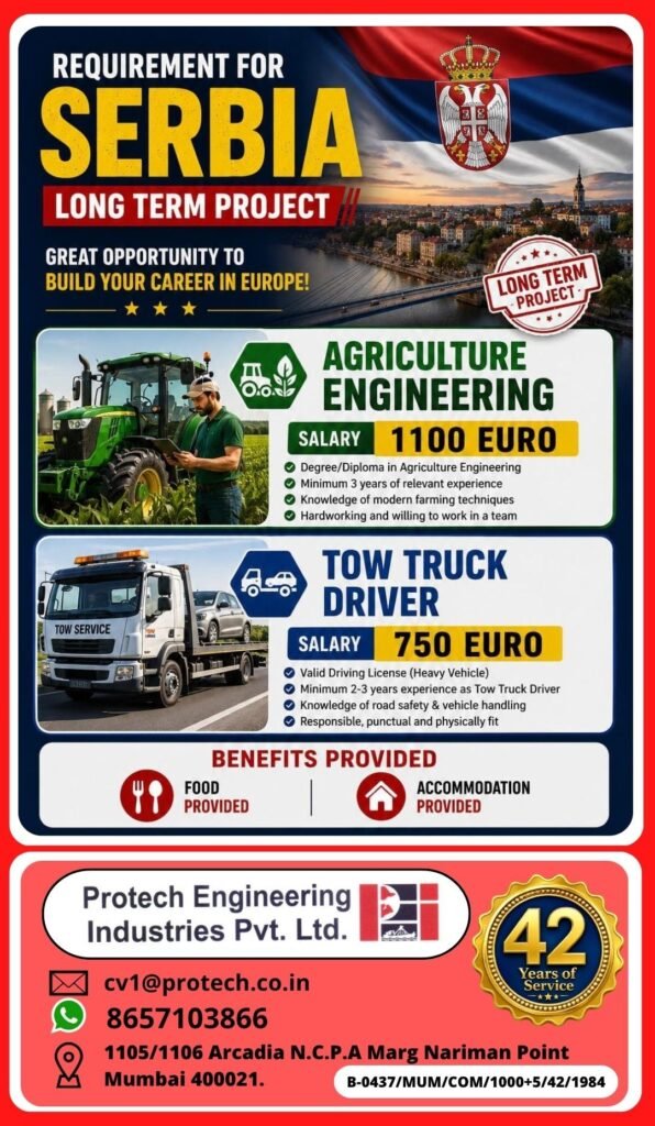 Serbia Jobs 2026 – Agriculture Engineer & Tow Truck Driver Recruitment | Food & Accommodation Provided