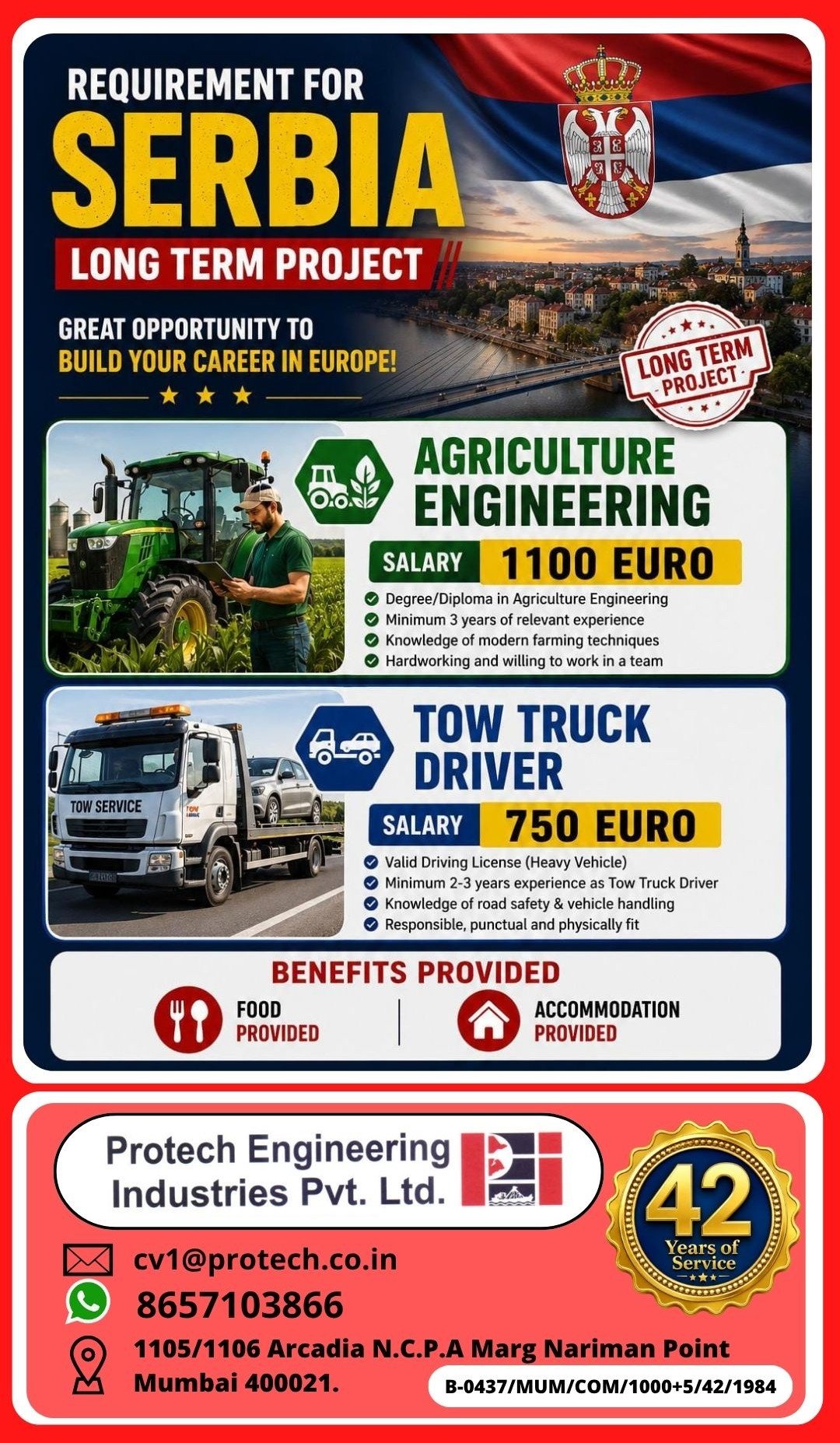 Serbia Jobs 2026 – Agriculture Engineer & Tow Truck Driver Recruitment | Food & Accommodation Provided