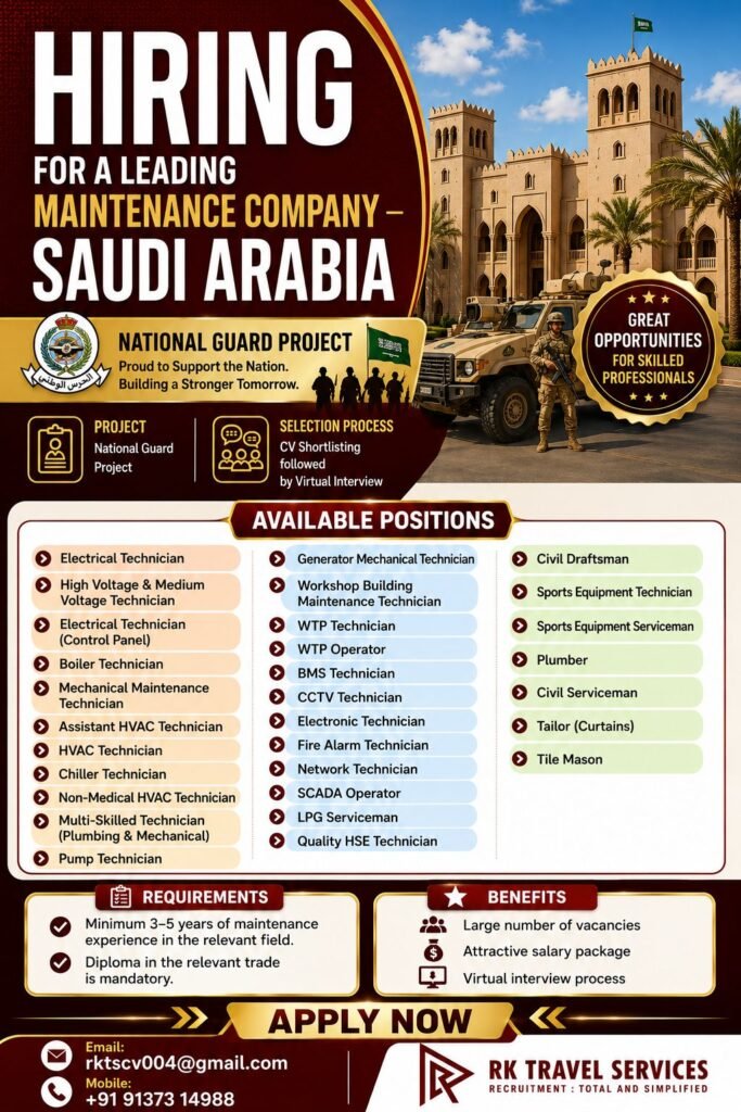 Saudi Arabia National Guard Project Jobs 2026 – Maintenance Company Recruitment | Virtual Interview
