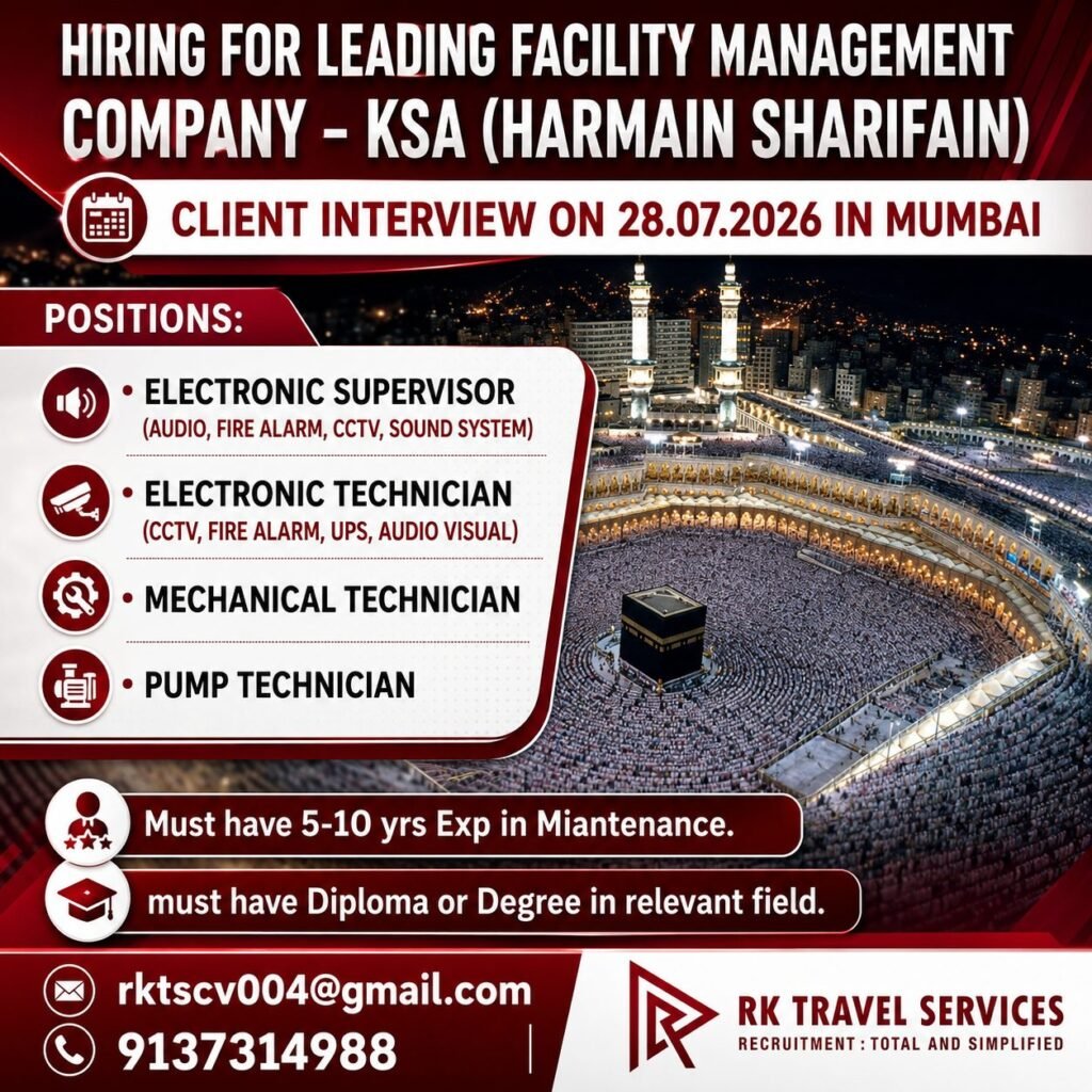 Saudi Arabia Facility Management Jobs 2026 | KSA (Harmain Sharifain) Recruitment 