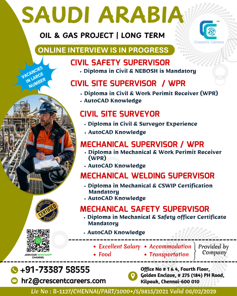 Saudi Arabia Jobs 2026: Oil & Gas Project Vacancies for Civil, Mechanical & Safety Supervisors