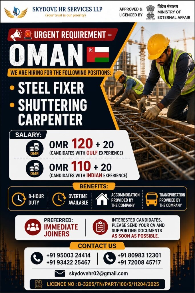 Oman Jobs 2026 – Urgent Recruitment for Steel Fixers and Shuttering Carpenters