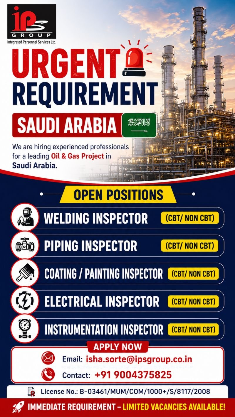 Saudi Arabia Oil & Gas Jobs 2026 – Inspector Vacancies | Immediate Hiring
