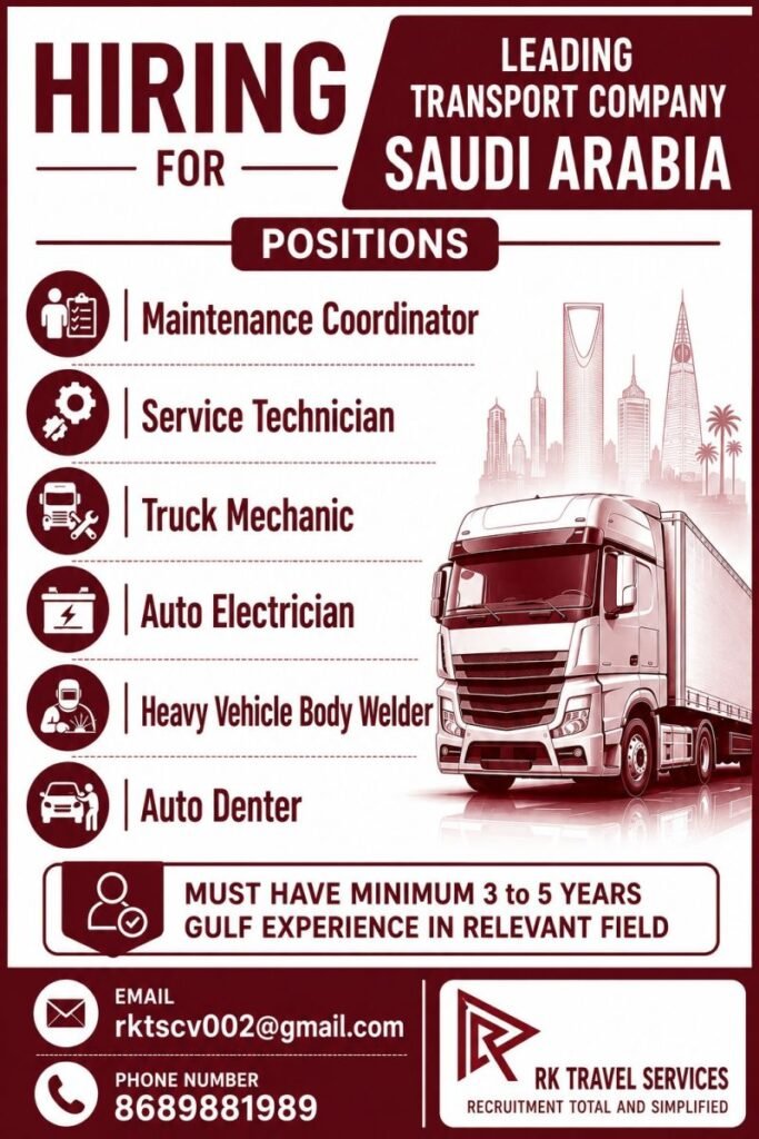 Saudi Arabia Transport Company Jobs 2026 – Heavy Vehicle & Automobile Vacancies | Apply Now Saudi Arabia Transport Company Jobs 2026 – Heavy Vehicle & Automobile Vacancies | Apply Now
