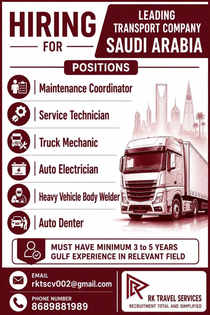 Saudi Arabia Transport Company Jobs 2026 – Heavy Vehicle & Automobile Vacancies | Apply Now