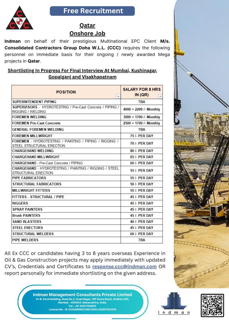 Qatar Oil & Gas Jobs 2026 – CCC Doha W.L.L. Recruitment | Free Recruitment | Onshore EPC Project