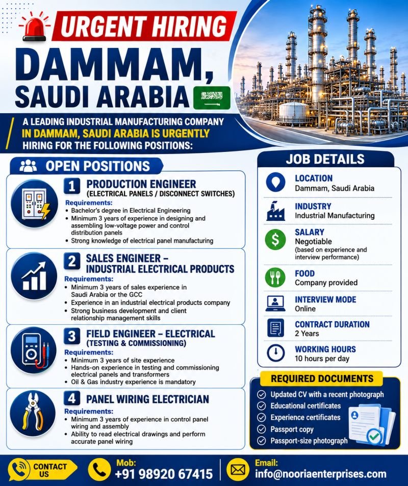 Dammam Saudi Arabia Electrical Engineering Jobs 2026 | Apply Now Dammam Saudi Arabia Electrical Engineering Jobs 2026 | Apply Now