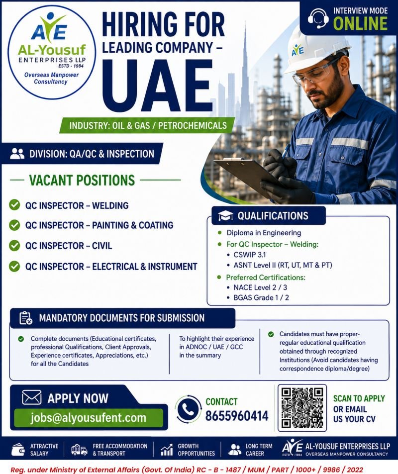 UAE QA/QC Inspector Jobs 2026 | Online Interview