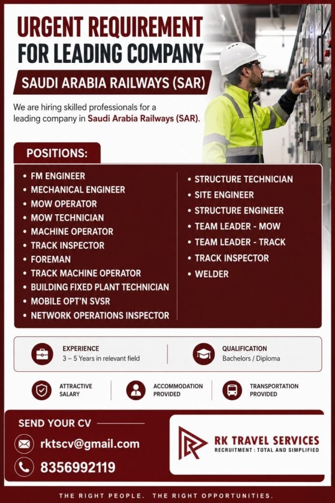 Urgent Hiring For Saudi Arabia Railways - Apply Now