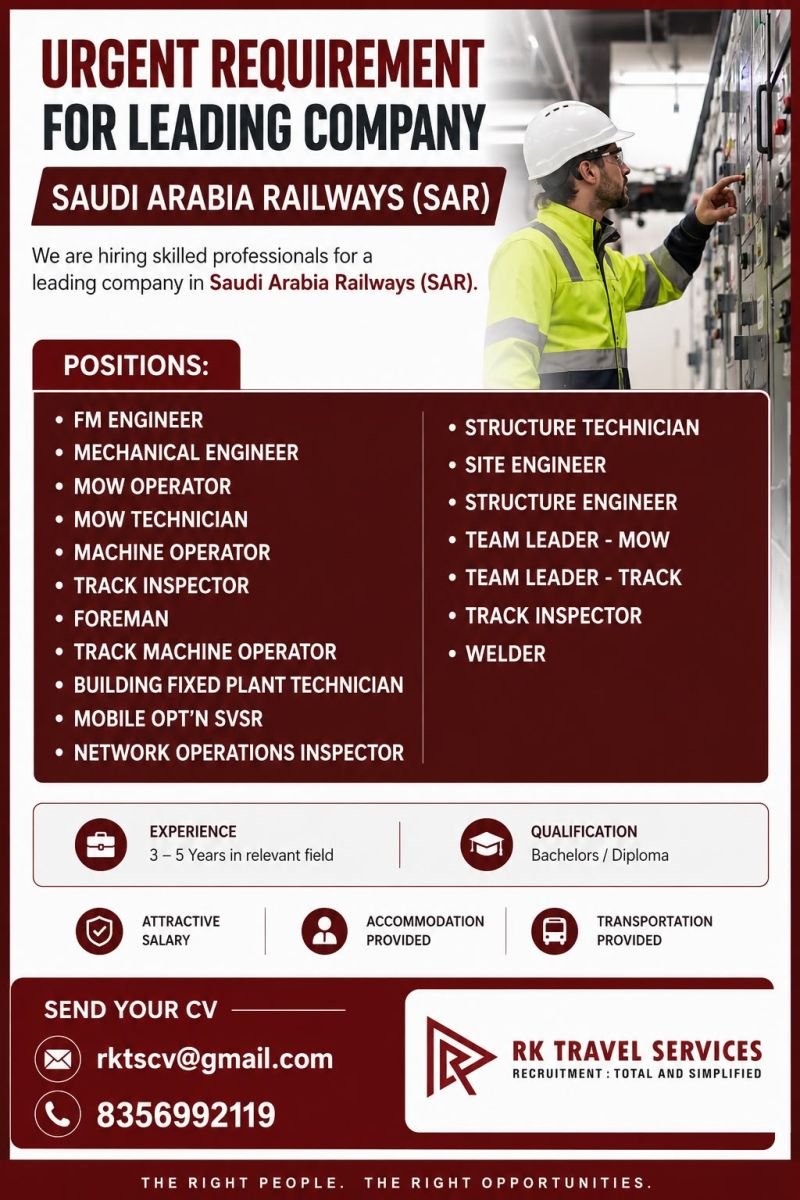 Urgent Hiring For Saudi Arabia Railways - Apply Now