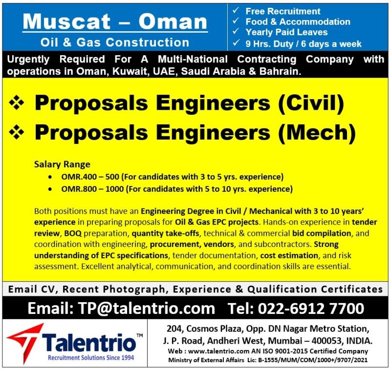 Muscat Oman Oil & Gas Construction Jobs 2026 | Free Recruitment