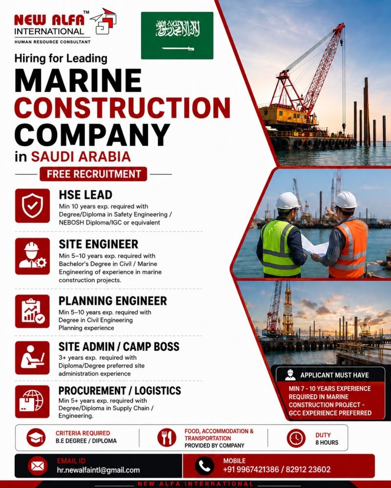 Saudi Arabia Marine Construction Company Jobs 2026 | Free Recruitment 