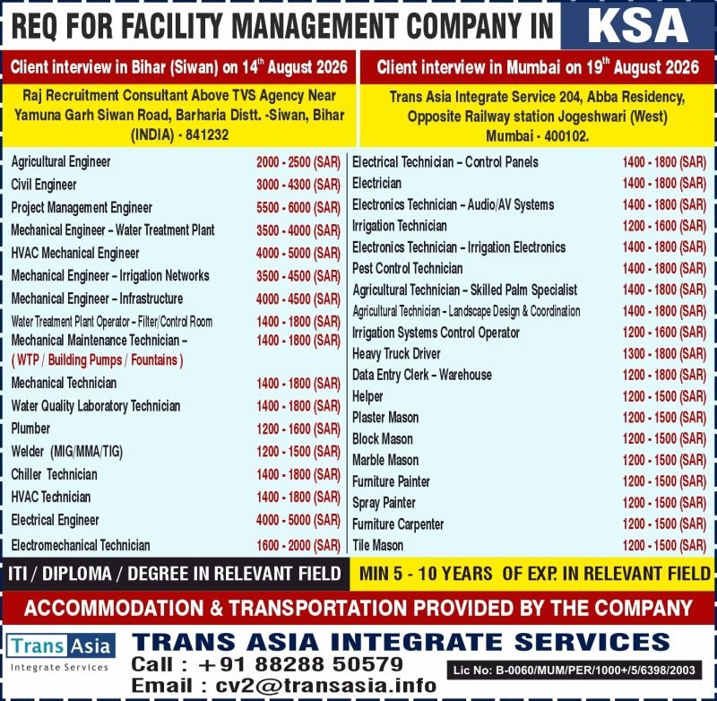 Saudi Arabia Facility Management Jobs 2026 | Bulk Hiring Saudi Arabia Facility Management Jobs 2026 | Bulk Hiring