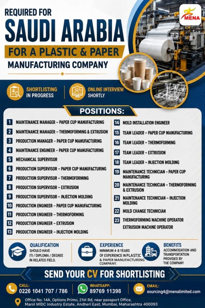 Saudi Arabia - Hiring For A leading Plastic & Paper Manufacturing Company