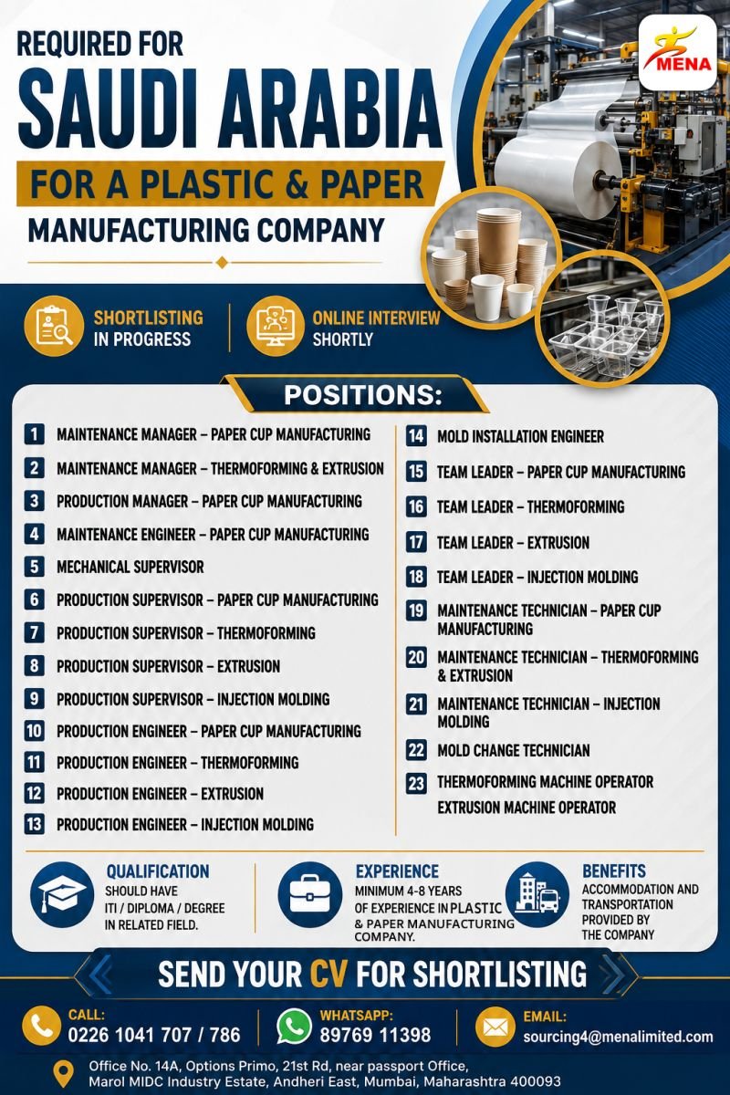 Saudi Arabia - Hiring For A leading Plastic & Paper Manufacturing Company