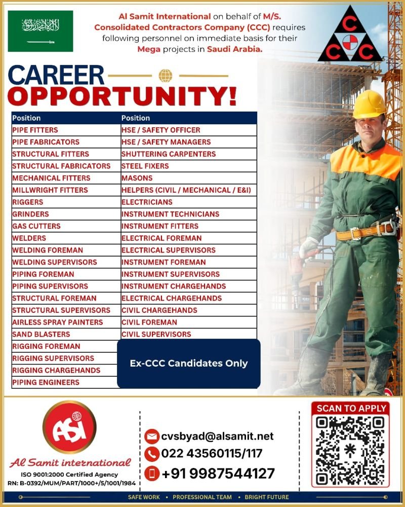 Urgent Hiring for Saudi Arabia M/s. Consolidated Contractors Company (CCC)