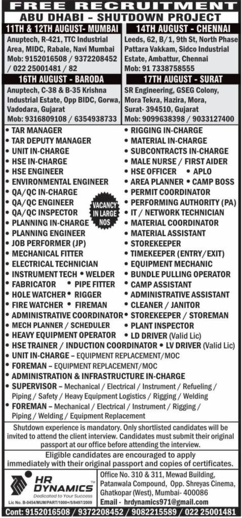 UAE Abu Dhabi Shutdown Project Jobs 2026 | Free Recruitment | Large Vacancies