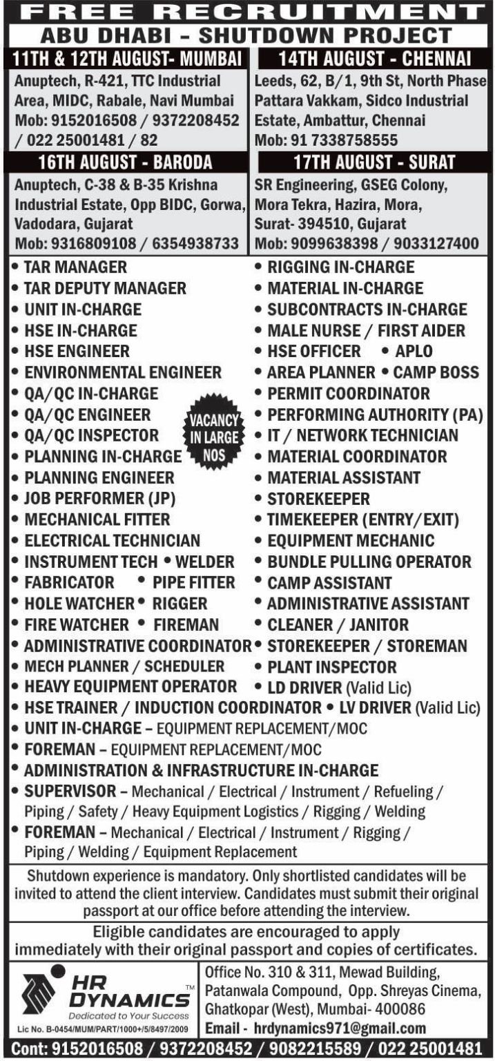 UAE Abu Dhabi Shutdown Project Jobs 2026 | Free Recruitment | Large Vacancies