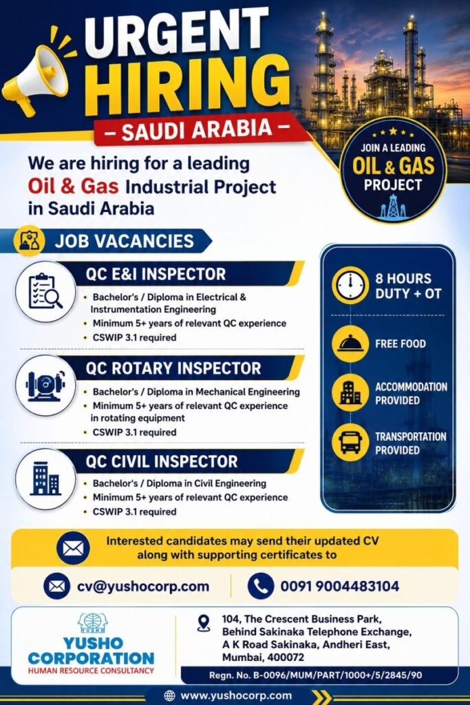 Hiring for Saudi Arabia – Oil & Gas Project