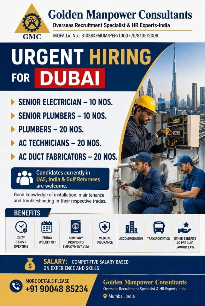Dubai Jobs 2026 – Urgent Hiring for Electricians, Plumbers and AC Technicians Dubai Jobs 2026 – Urgent Hiring for Electricians, Plumbers and AC Technicians