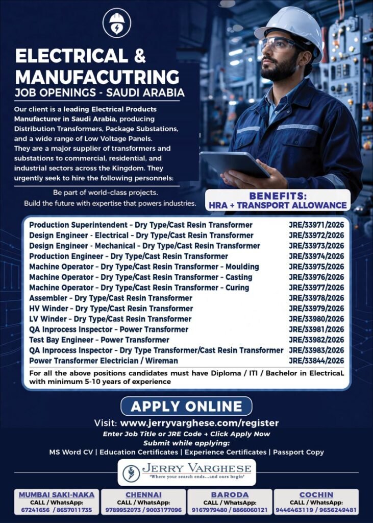 Urgent Hiring for Electrical Manufacturing Company in Saudi Arabia