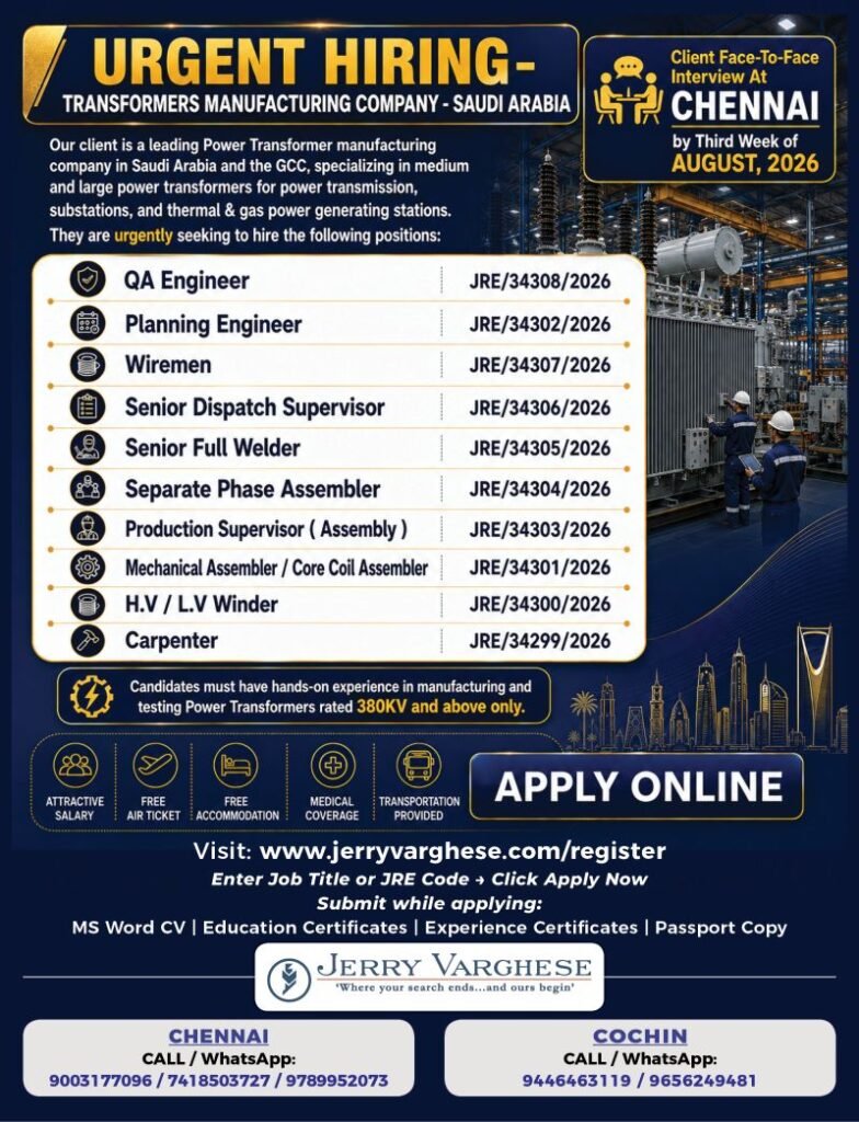 Urgent Hiring for Transformers Manufacturing Company in Saudi Arabia Urgent Hiring for Transformers Manufacturing Company in Saudi Arabia
