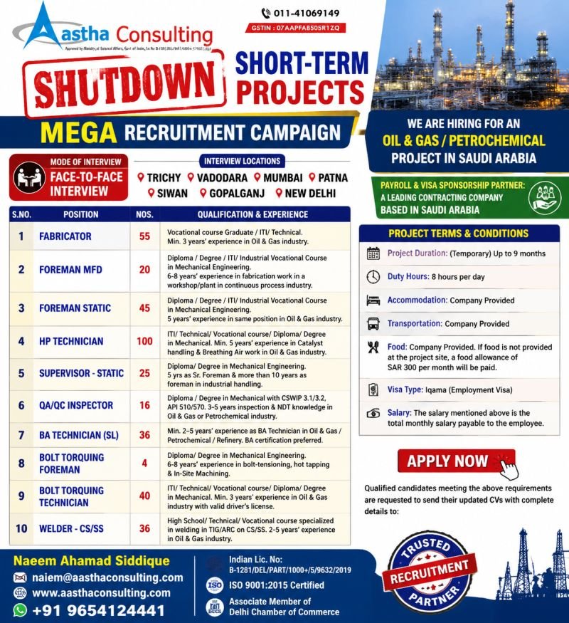 Saudi Arabia Shutdown Project Jobs 2026 – Oil & Gas Recruitment 