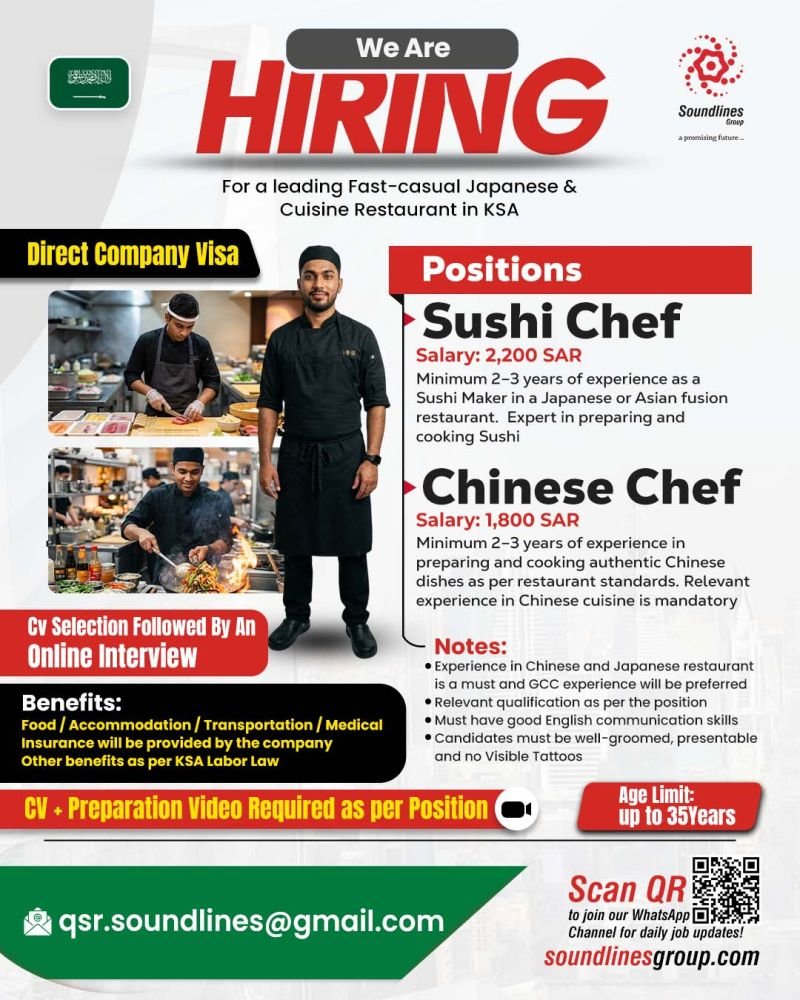 Hiring For a leading Fast-casual Japanese & Cuisine Restaurant Saudi Arabia Hiring For a leading Fast-casual Japanese & Cuisine Restaurant Saudi Arabia