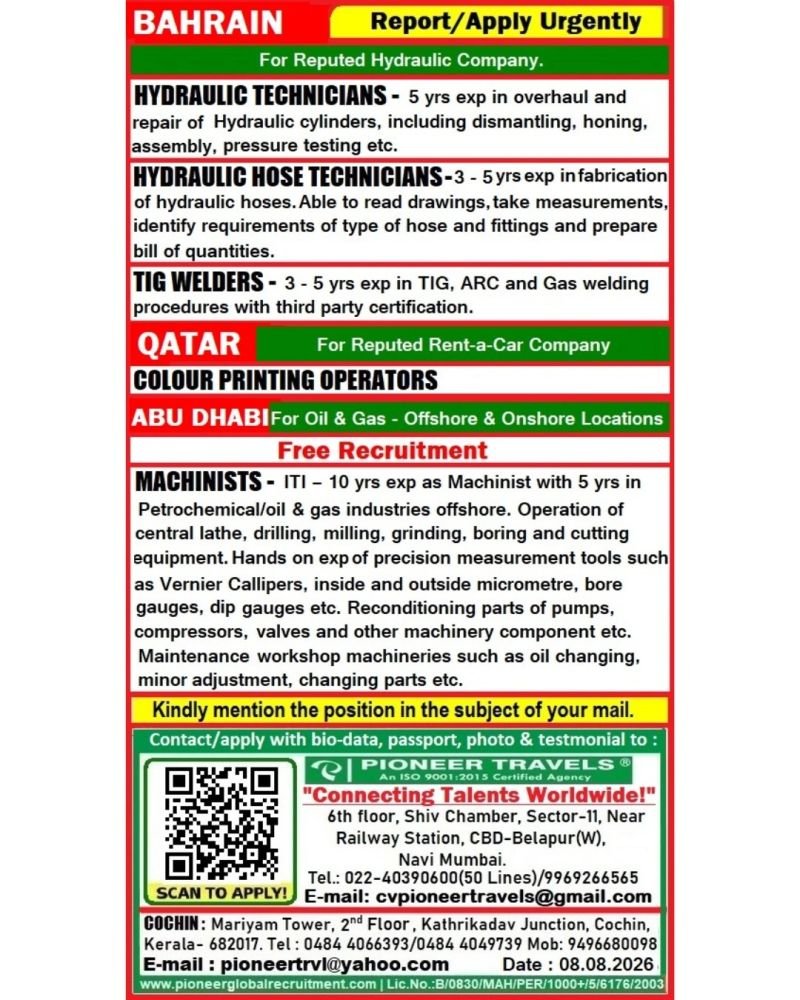 Hiring For Bahrain, Qatar & Abudhabi