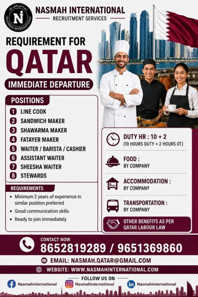 Qatar Jobs 2026 – Immediate Recruitment for hospitality and food service sector