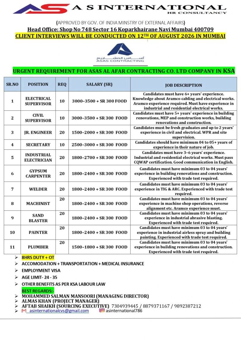 Saudi Arabia Jobs 2026 – Urgent Recruitment for ASAS Al Afar Contracting Co. Ltd
